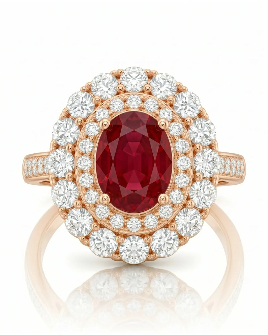 Ruby engagement ring with double halo diamonds in elegant 18K Rose Gold | SARATTI