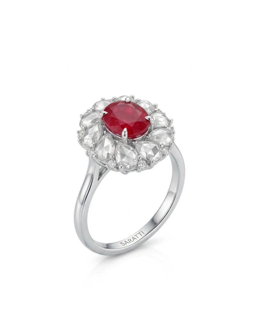 Ruby white sapphire diamond flower ring in PT900 platinum for romantic occasion and statement styling - SARATTI