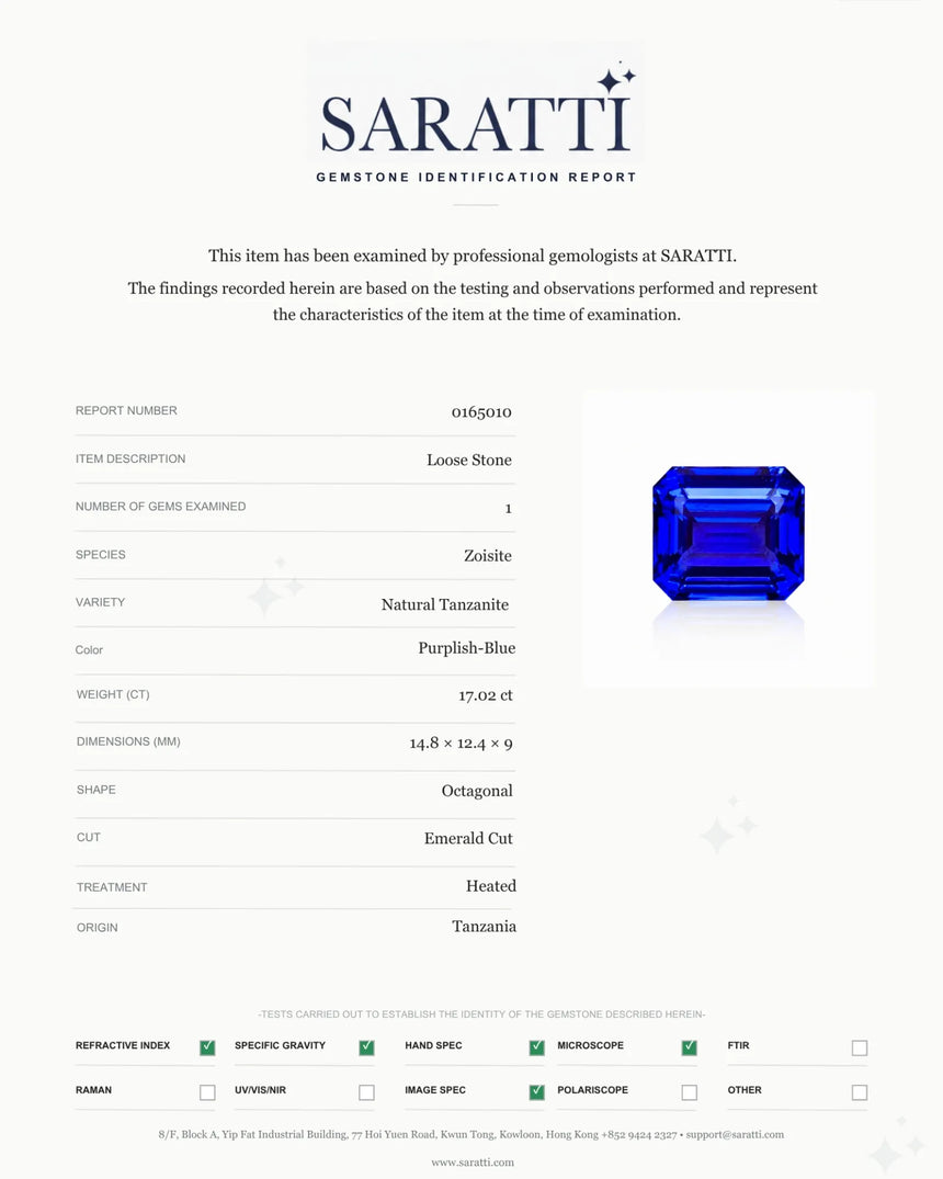 SARATTI Certified 17.02 carats Natural Tanzanite step-faceted octagonal gemstone detail | SARATTI