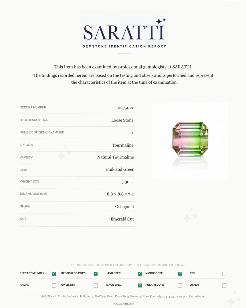 SARATTI Certified 5.30ct Watermelon Tourmaline octagonal loose gemstone | SARATTI
