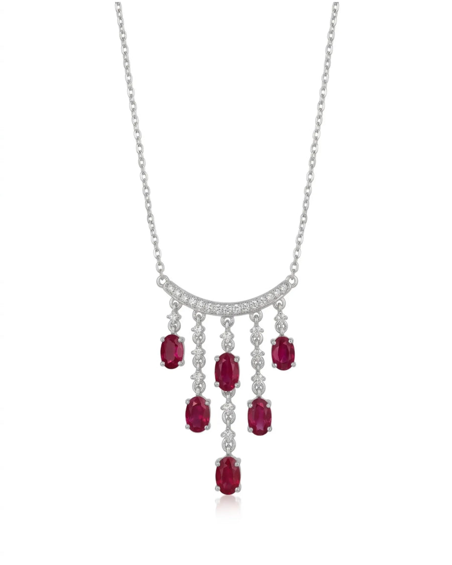 SERAPHINA ruby diamond tassel necklace with six oval ruby drops and diamond-set PT950 platinum arc | SARATTI
