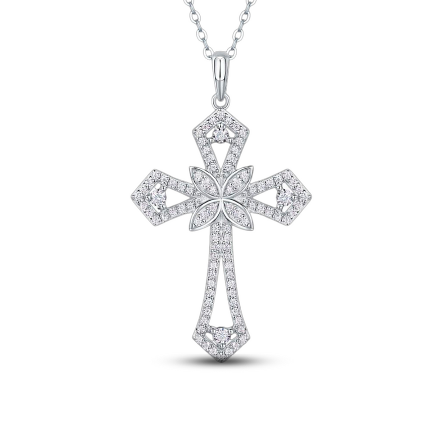 Sacred Ascent: Intricate Silver Moissanite Cross Pendant