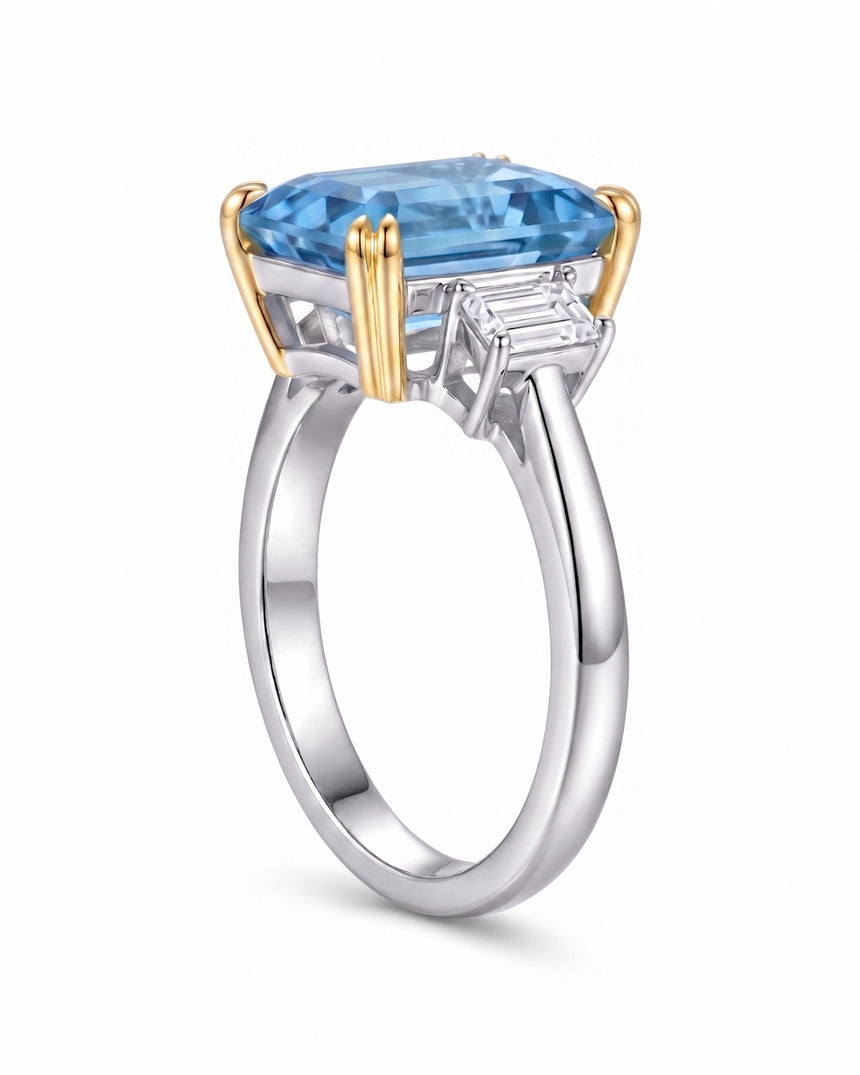 Santa Maria blue aquamarine ring with emerald cut center stone in 18K two tone Gold - SARATTI