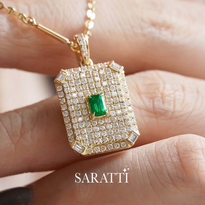 Geometric gold pendant with natural emerald and pavé diamond craftsmanship | SARATTI