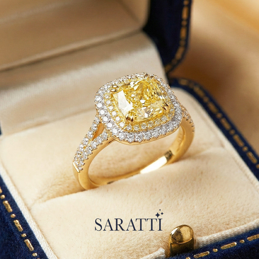 Cushion Fancy Yellow Split Shank diamond ring in jewelry box luxury handcrafted ring in 18K yellow gold | SARATTI