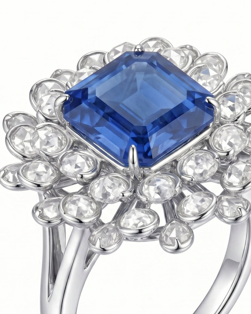 Sapphire and diamond engagement ring with heirloom floral design in platinum | SARATTI