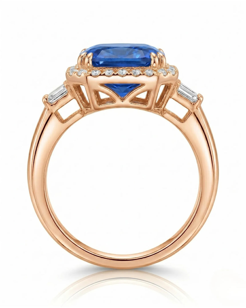 Sapphire and diamond engagement ring with heirloom halo design in 18K rose gold | SARATTI