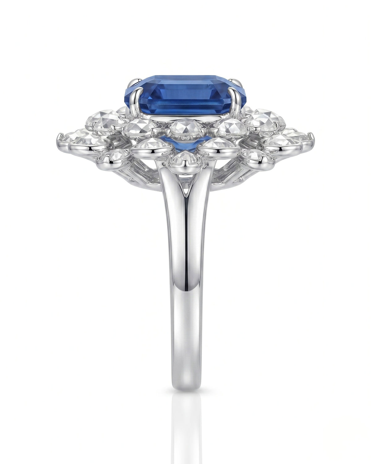 Sapphire and diamond engagement ring with regal floral design in 18K white gold | SARATTI