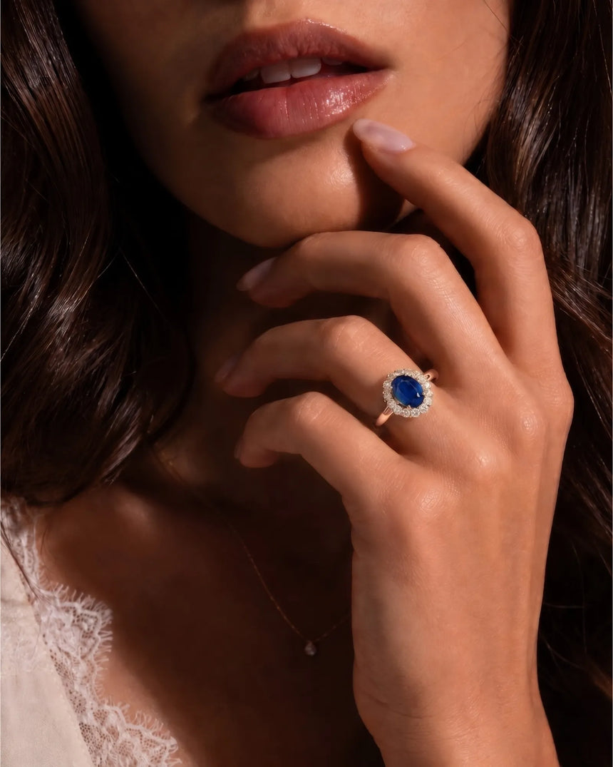 Sapphire and diamond engagement ring with romantic halo design in 18K rose gold | SARATTI