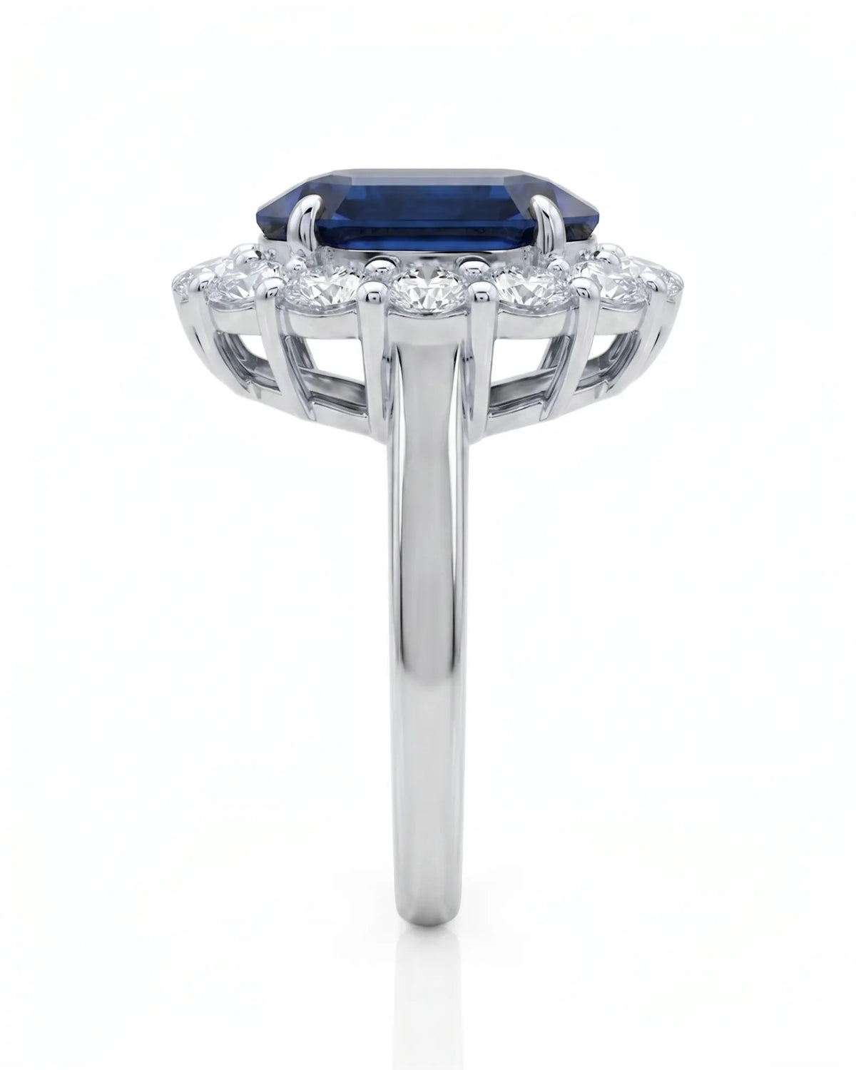 Sapphire and diamond engagement ring with romantic halo design in 18K white gold | SARATTI