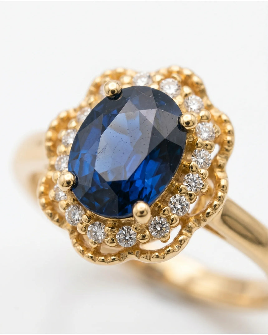 Sapphire and diamond engagement ring with scalloped halo in yellow gold | SARATTI