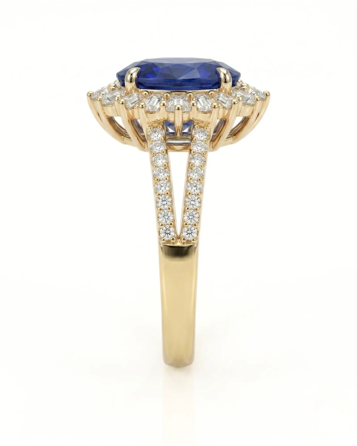 Sapphire and diamond engagement ring with split shank band in 18K yellow gold | SARATTI