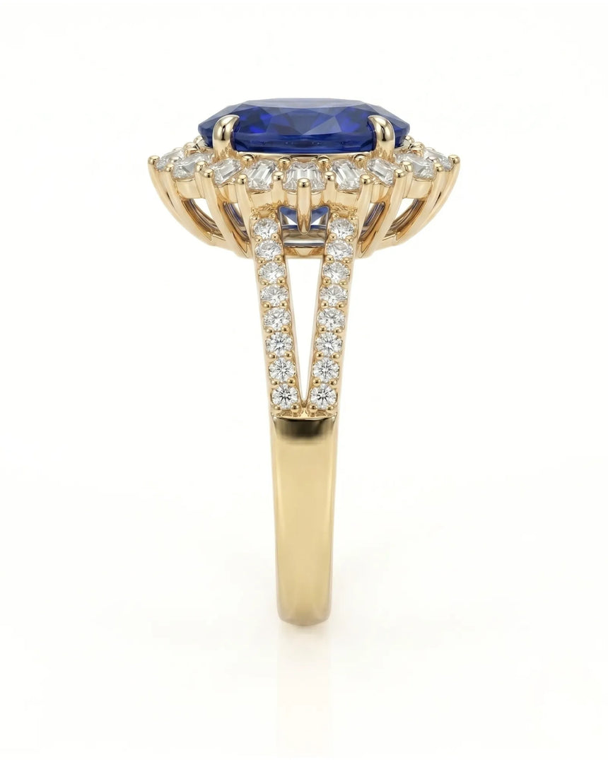 Sapphire and diamond engagement ring with split shank band in 18K yellow gold | SARATTI