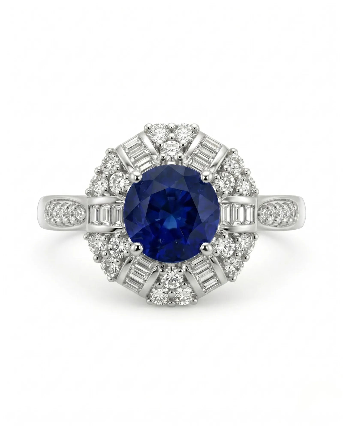 Sapphire and diamond engagement ring with vintage halo design in platinum - SARATTI