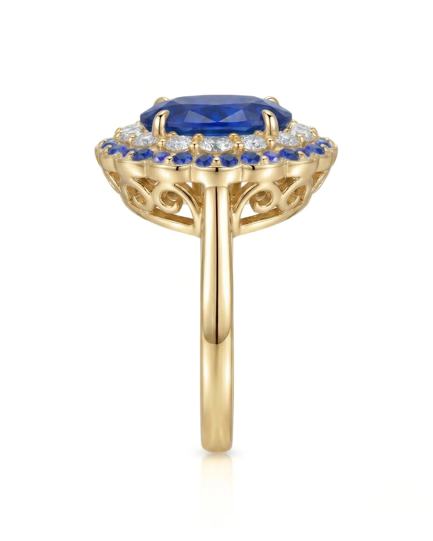 Sapphire and diamond gift ring with double halo design in 18K yellow gold - SARATTI