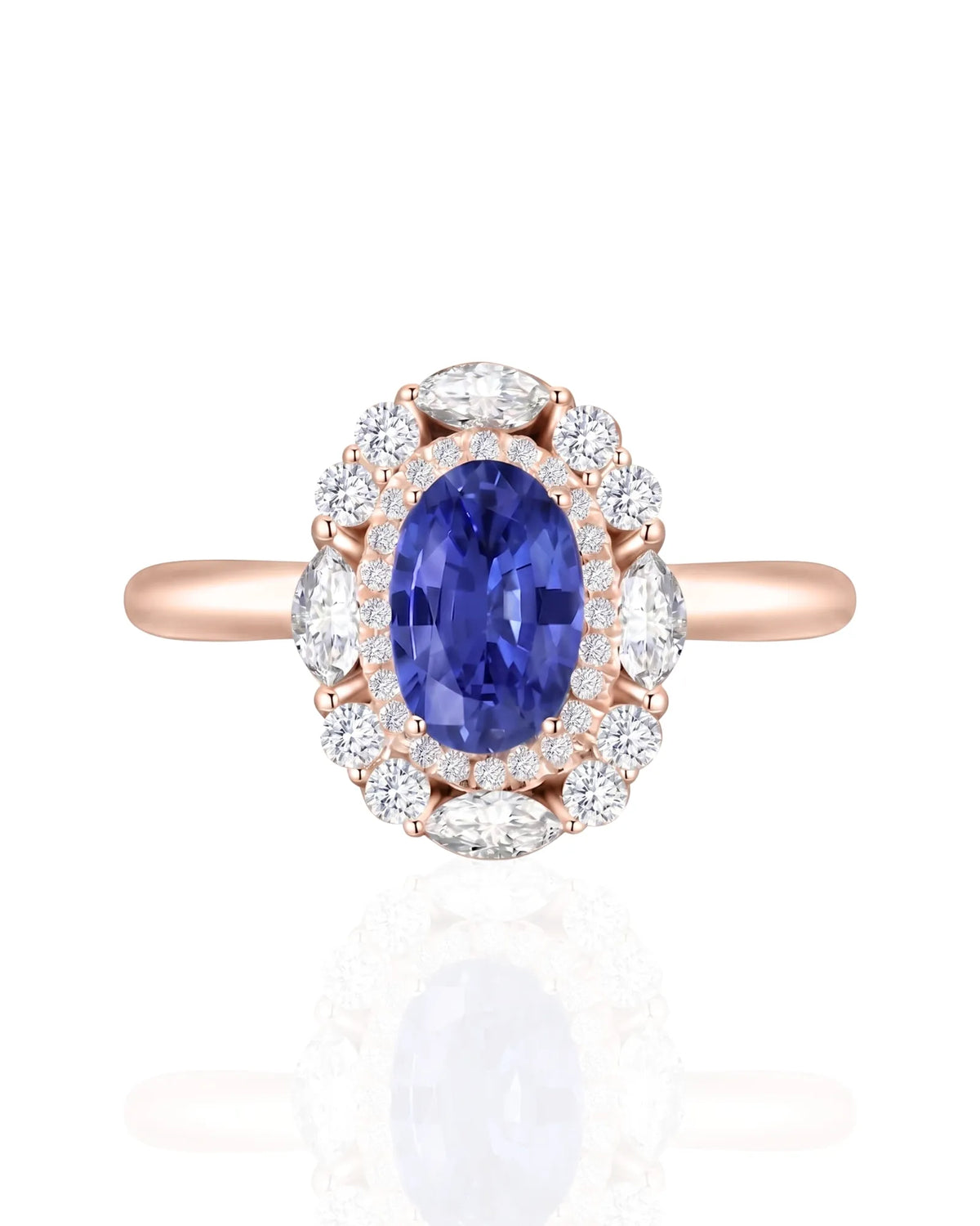 Sapphire and diamond promise ring with timeless halo in 18K rose gold | SARATTI