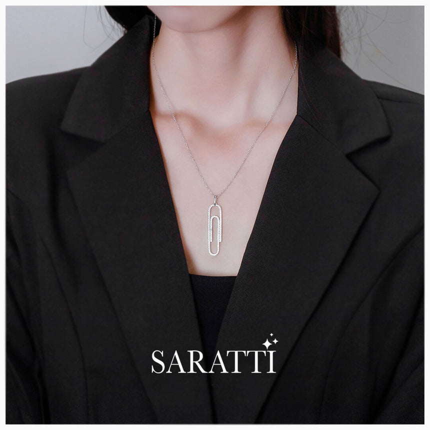 Model wears the The Silver Secretary Pendant Necklace | Saratti