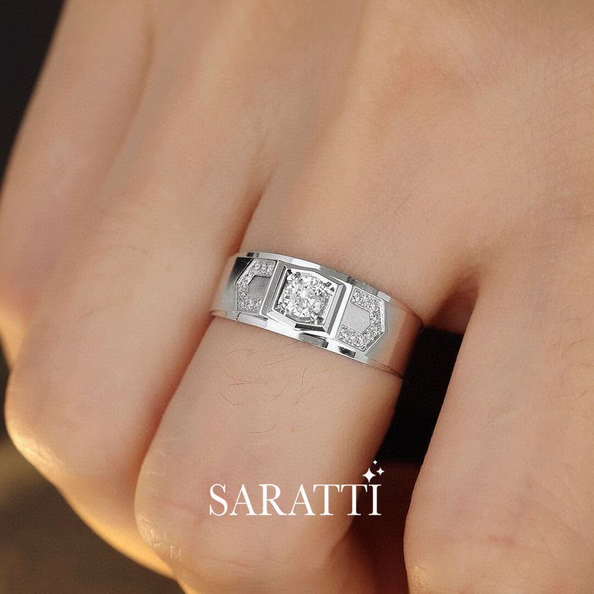 Model Wears Art Deco Escalade Diamond Ring for Men | Saratti