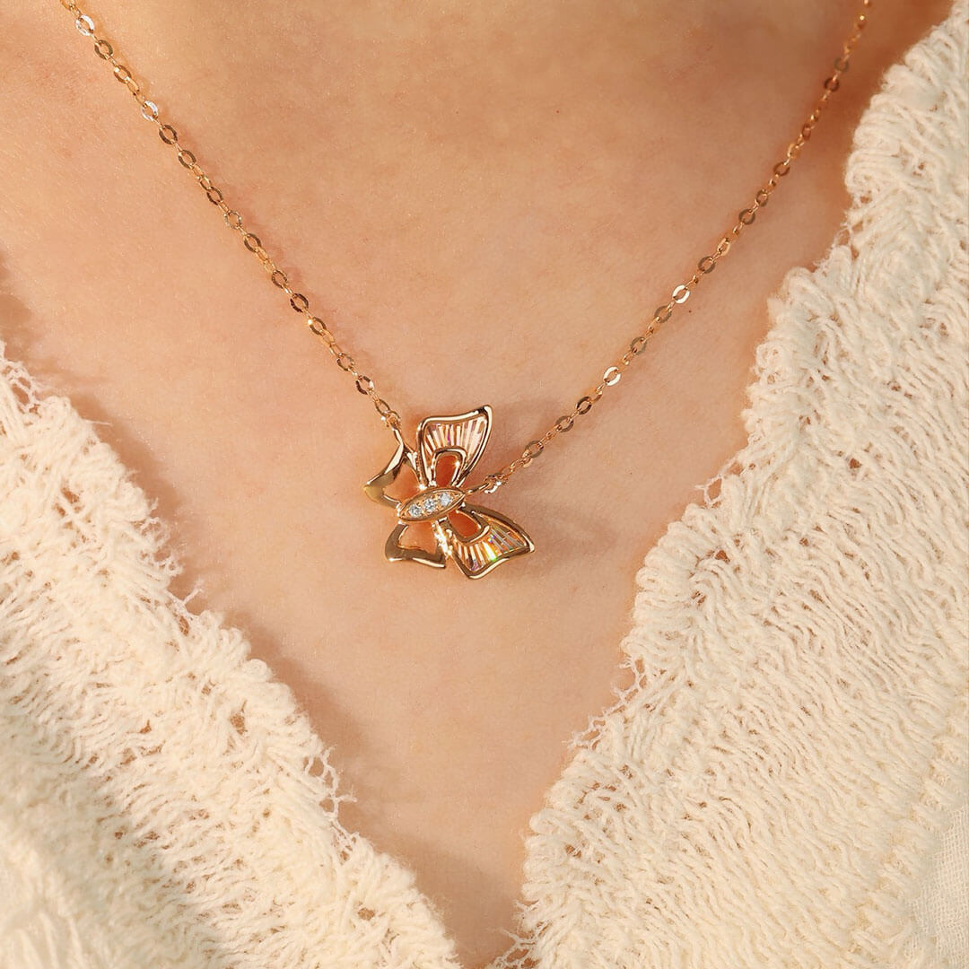 Model Wearing 18 Rose Gold 18K Gold Natural Diamond Butterfly Necklace | Saratti