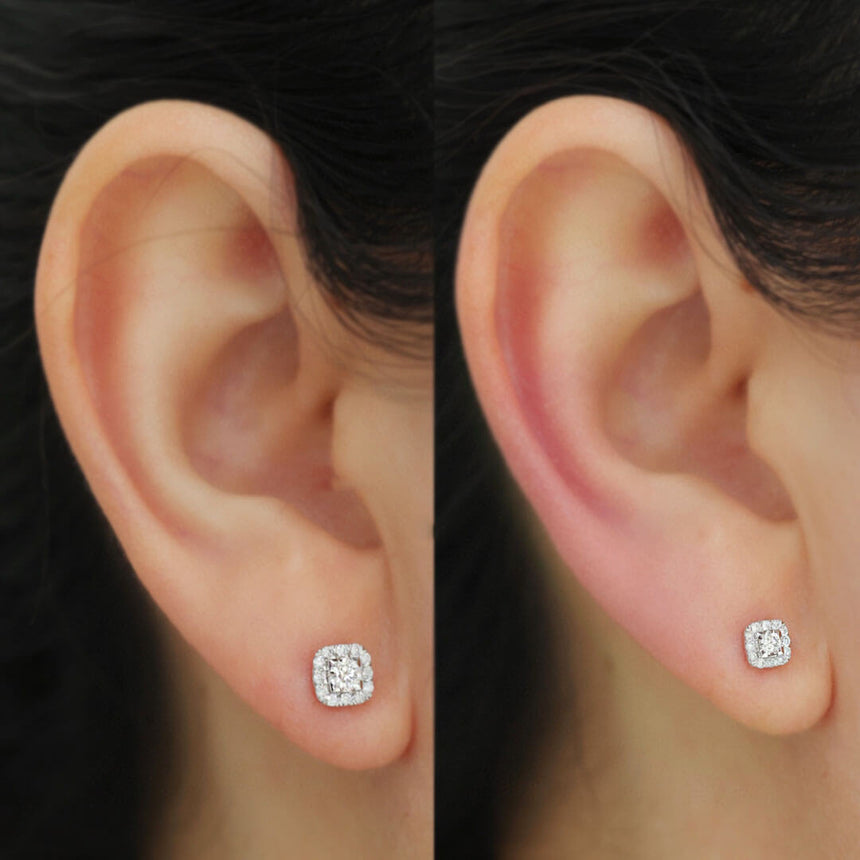 Model Wearing 18K White Gold Square Shape Tiny Diamond Earring Studs | Saratti | Custom High and Fine Jewelry