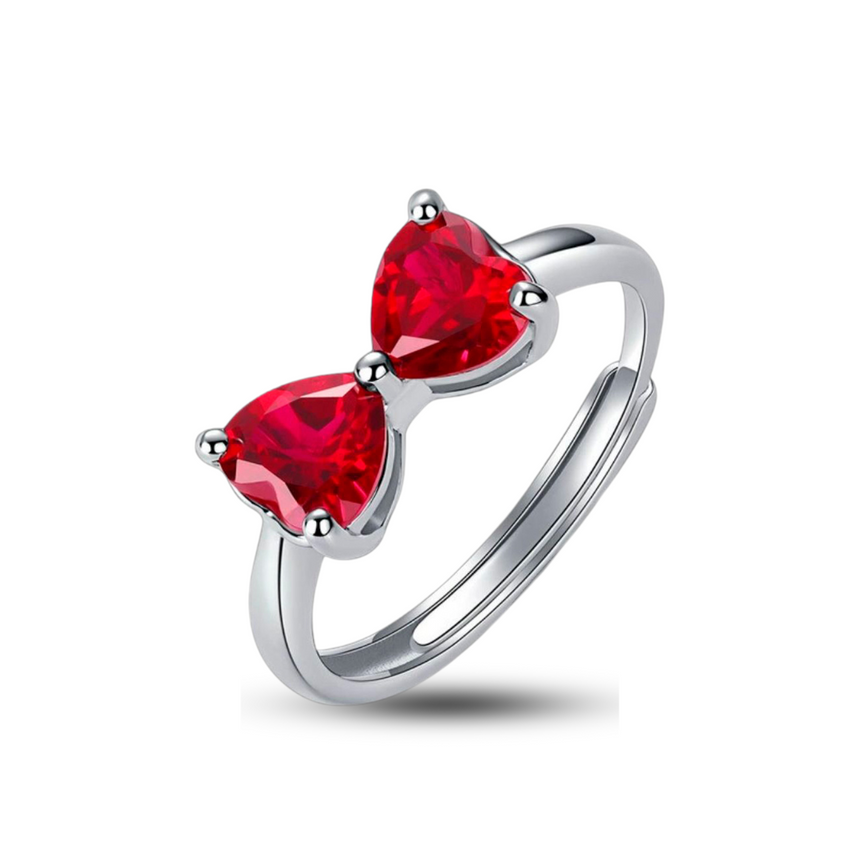 Scarlet Harmony: Double Heart Lab Grown Ruby Silver Ring
