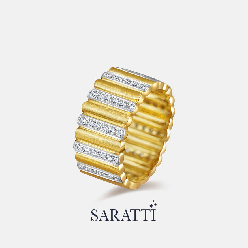 Sculptural gold ring with linear ribbed pattern and diamond bar, premium gold jewelry | SARATTI