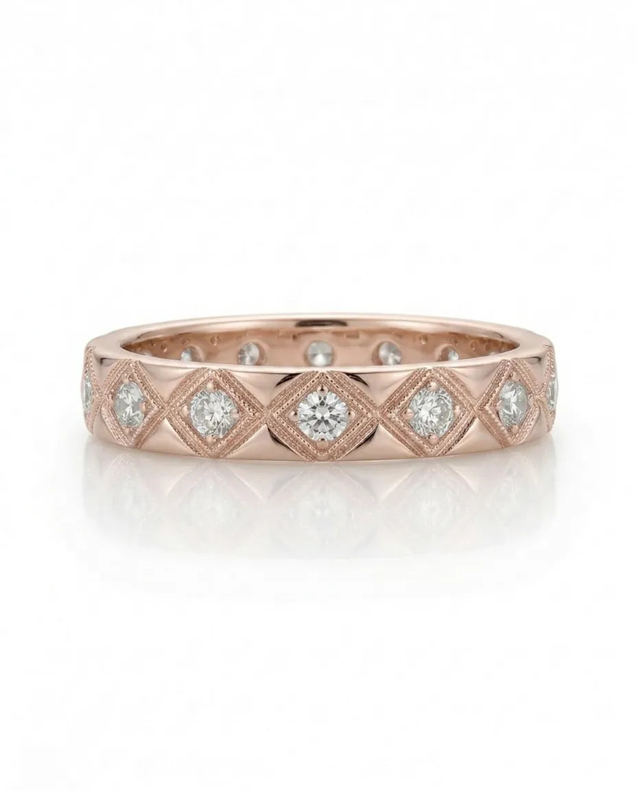 Hot Cross diamond-encrusted wedding band in rose gold, side profile | SARATTI