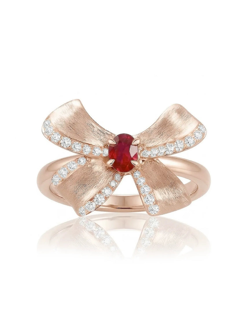 Side view natural pigeon blood ruby ring in 18K rose gold diamond ribbon design | SARATTI