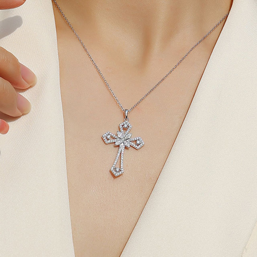 Sacred Ascent: Intricate Silver Moissanite Cross Pendant