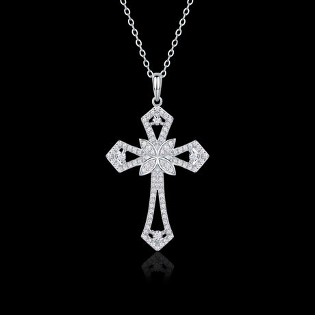 Sacred Ascent: Intricate Silver Moissanite Cross Pendant