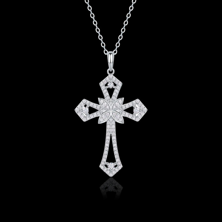 Sacred Ascent: Intricate Silver Moissanite Cross Pendant