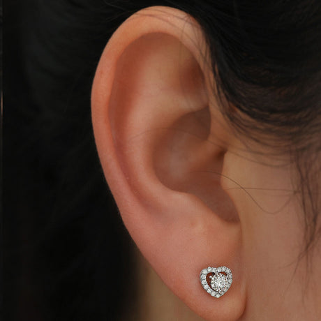 White Gold Diamond Halo Hollow Stud Earrings on Model | Saratti |  Custom High and Fine Jewelry