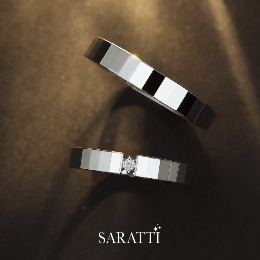 Modern 18K White Gold Wedding Set With Diamonds | Saratti