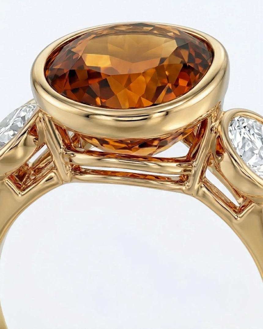 Smooth bezel setting frames the Imperial Topaz in a secure oval form in yellow gold | SARATTI