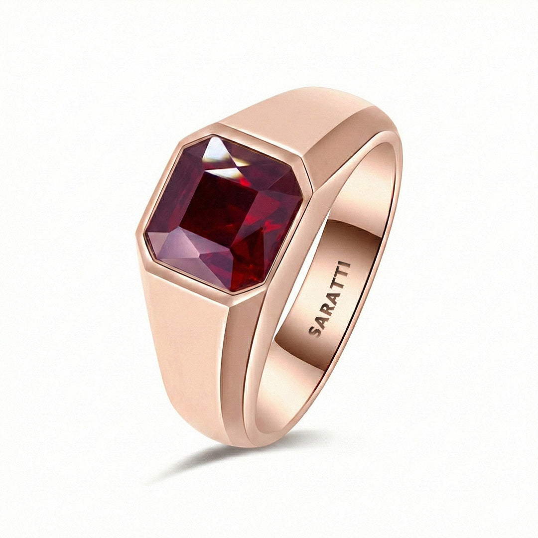 Sovereign ruby signet ring for men 18k rose gold bezel set garnet center | SARATTI