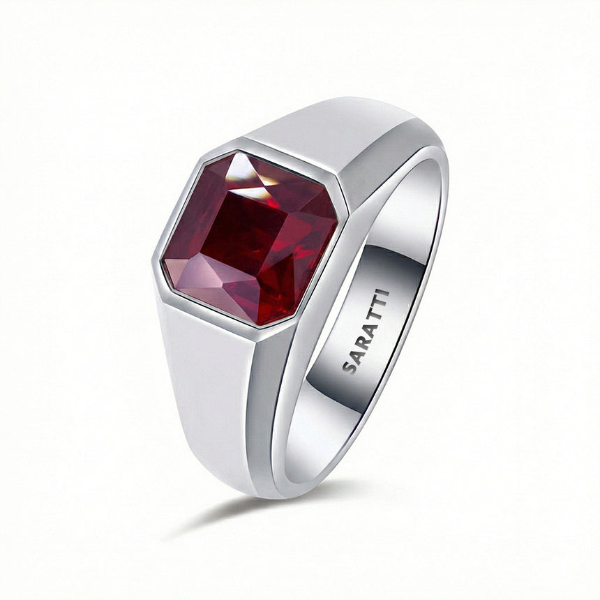 Sovereign ruby signet ring for men 18k white gold bezel set garnet center | SARATTI
