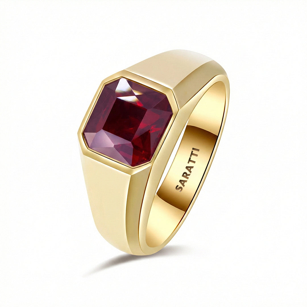Sovereign ruby signet ring for men 18k yellow gold bezel set garnet center | SARATTI