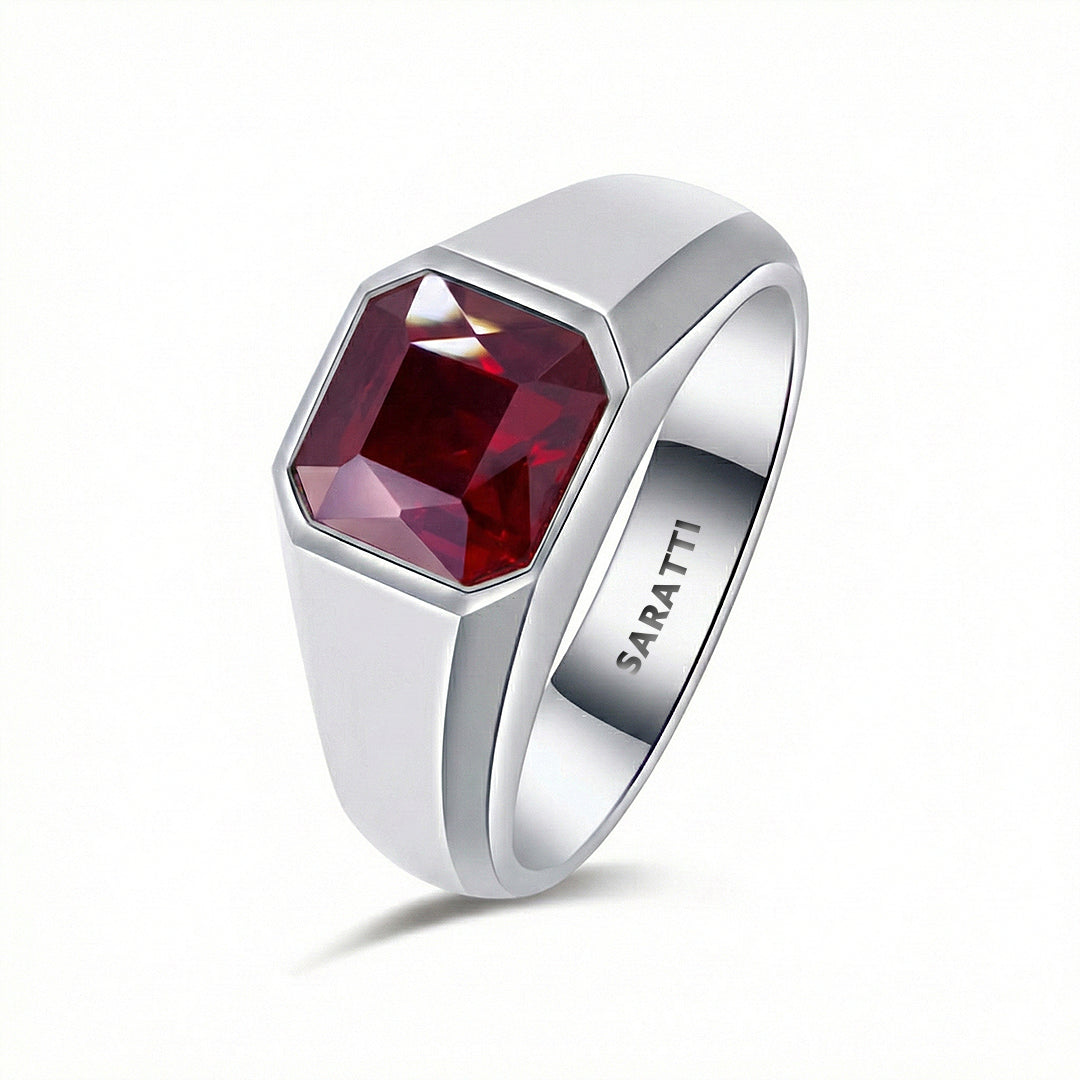 Sovereign ruby signet ring for men platinum bezel set garnet center | SARATTI