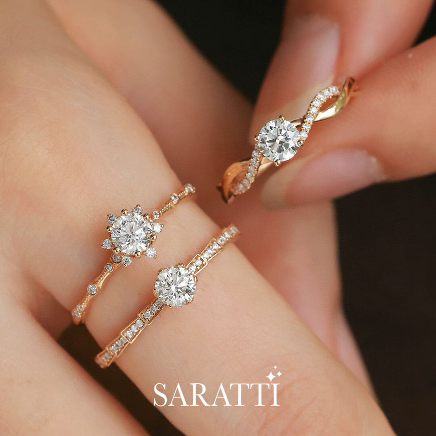 Model holds the Rose Gold Liaison Céleste Natural Diamond Engagement Ring | Saratti Diamonds