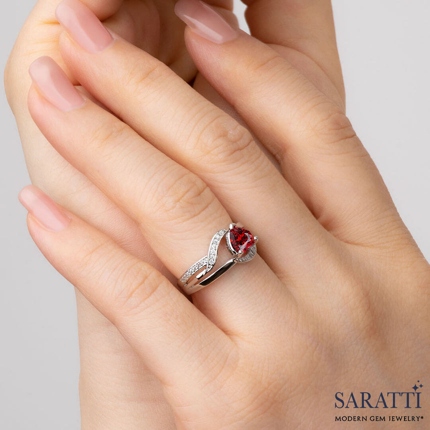 Model wears the Vintage Inspired Gold Garnet Ring | Saratti