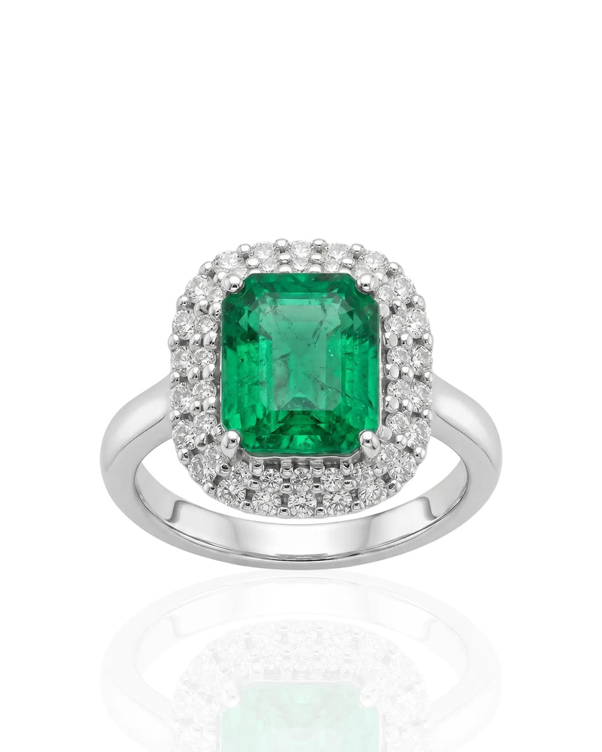 Square emerald cut natural emerald ring with diamond halo in 18K white gold | SARATTI