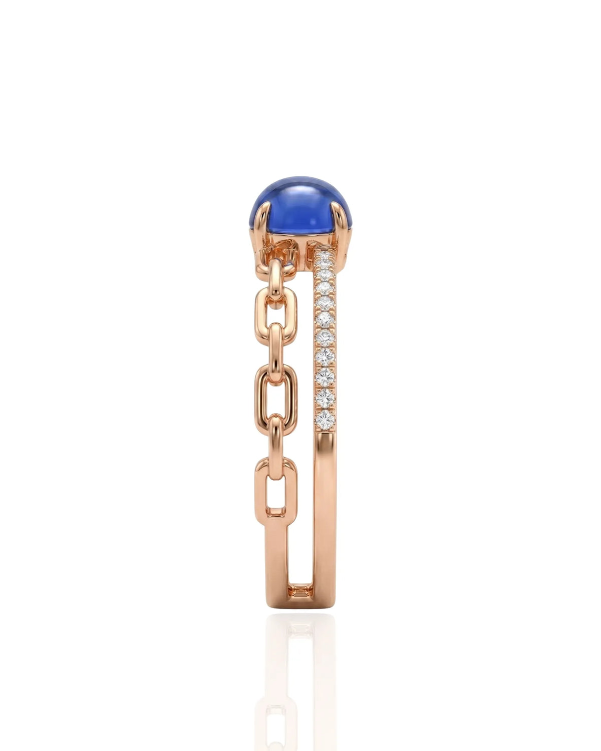 Stackable sapphire and diamond chain ring with oval cabochon in 18K rose gold | SARATTI