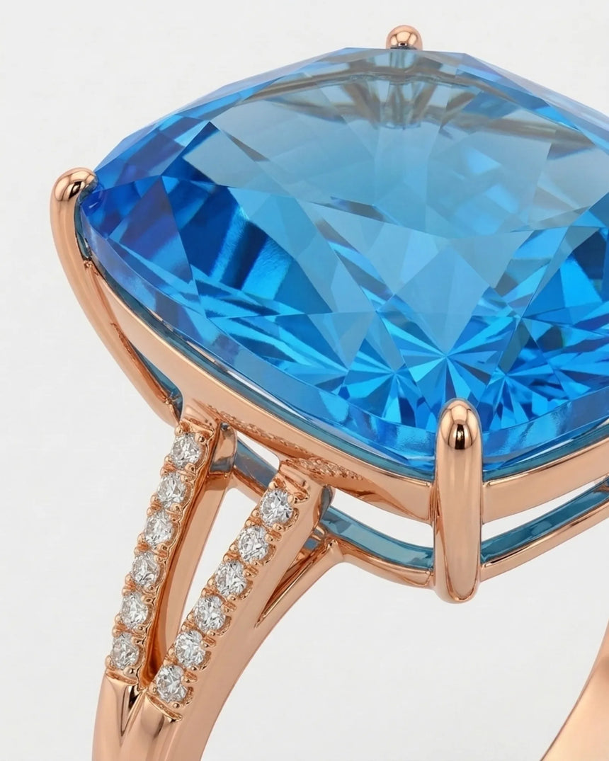 Starburst-cut topaz statement ring with open gallery and pavé shoulders in 18K rose gold | SARATTI