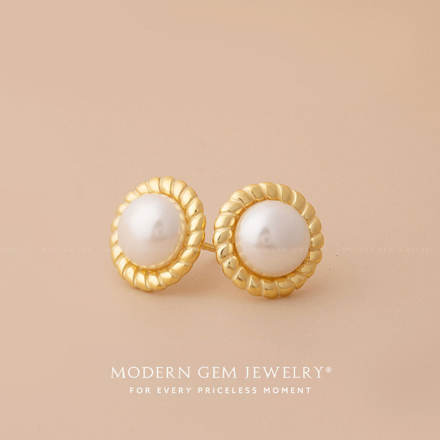 18K Yellow Gold Rope Motif Pearl Earrings