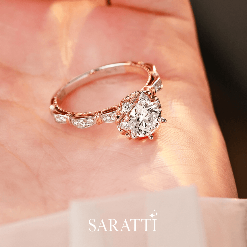 Milgrain motif on prong set natural diamond engagement ring