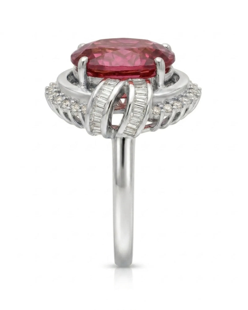 Sunburst halo tourmaline ring with round and baguette diamonds in platinum | SARATTI