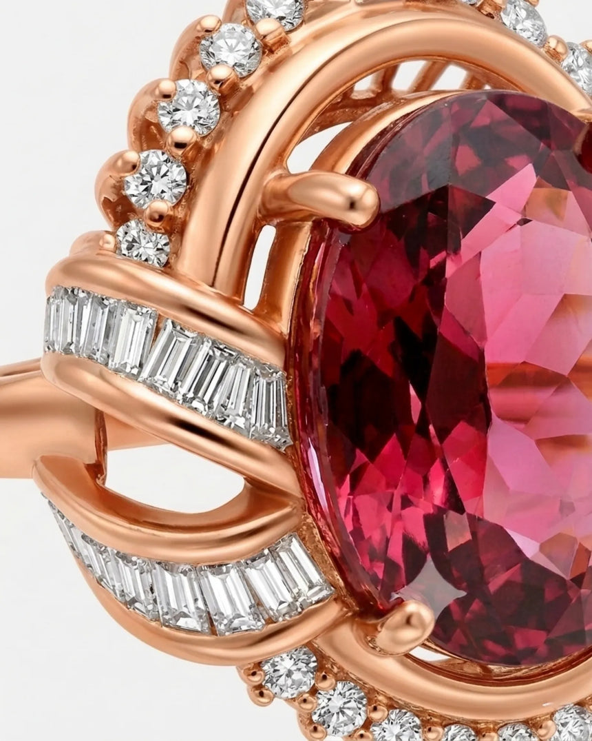 Sunburst halo tourmaline ring with round and baguette diamonds in rose gold | SARATTI