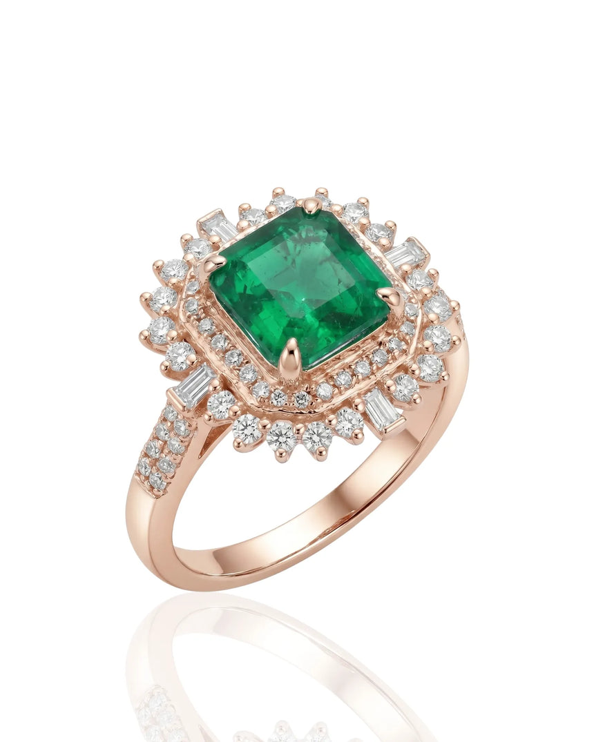 Sunburst natural emerald and diamond ring in 18K rose gold | SARATTI