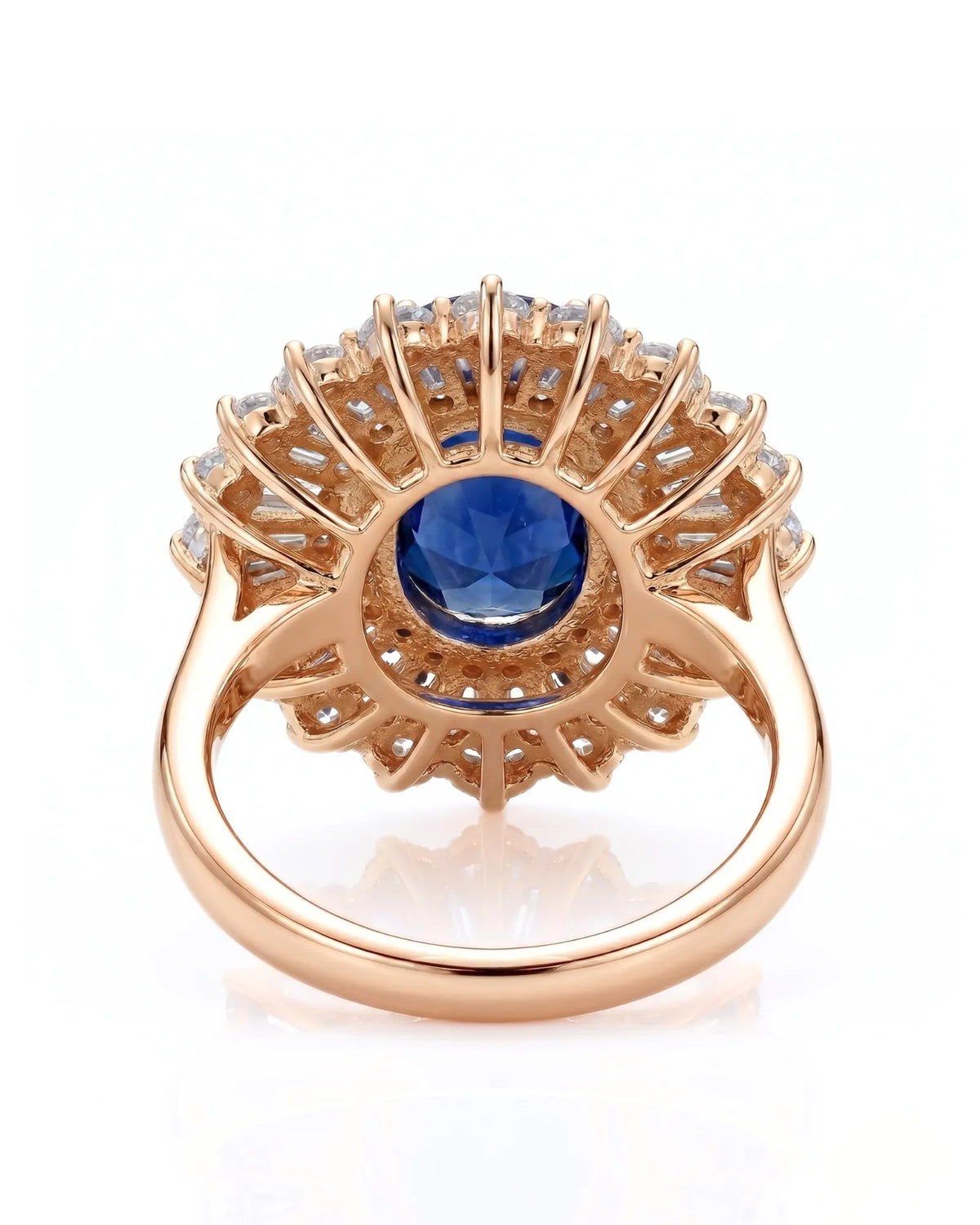Sunburst sapphire ring with tapered baguette and round diamonds in 18K rose gold | SARATTI