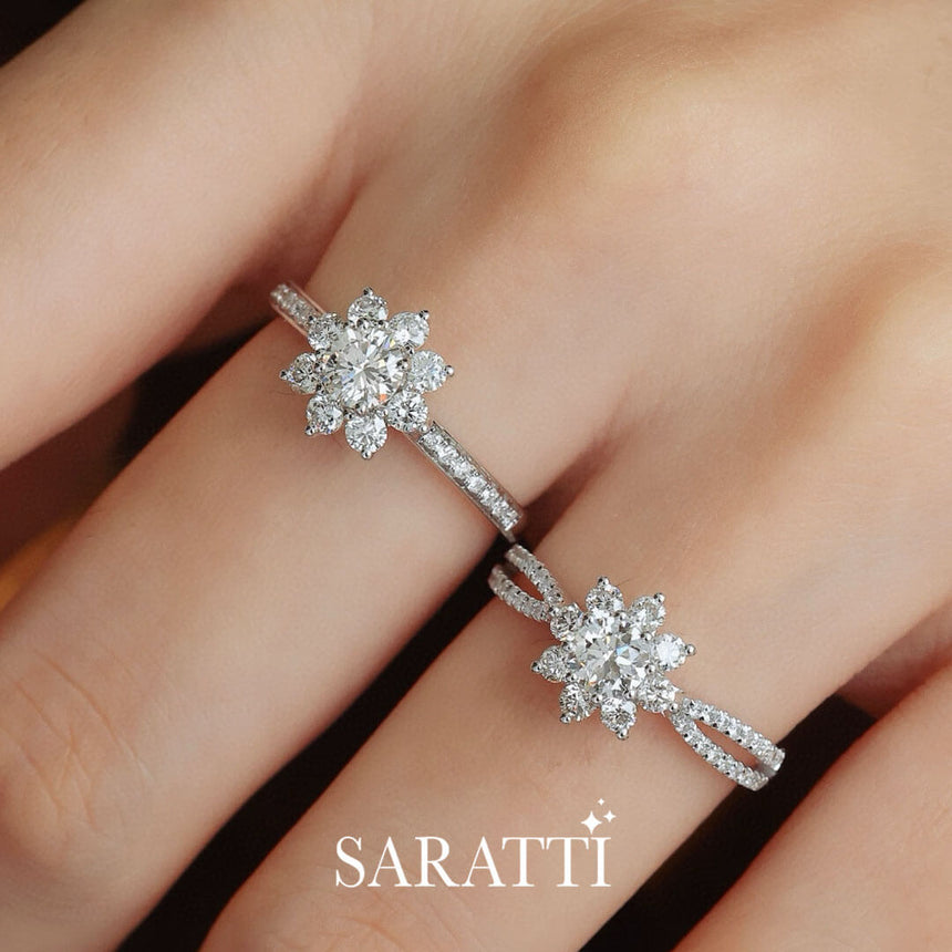 Model Stacks the White Gold Split Shank Fortune Compass II Natural Diamond Engagement Ring | Saratti Diamonds